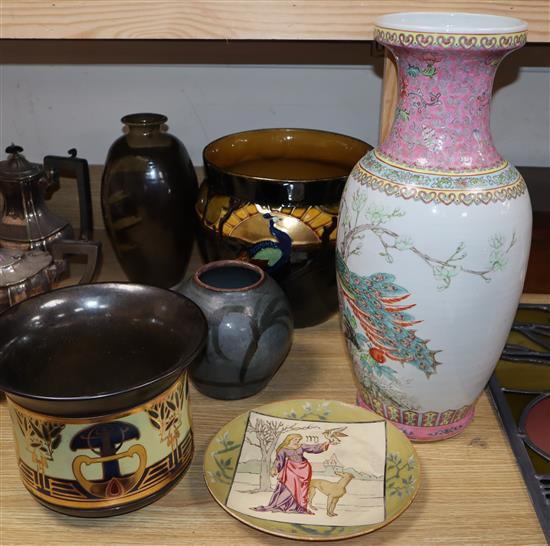 A Bretby jardiniere, two studio vases and a Chinese famille rose vase